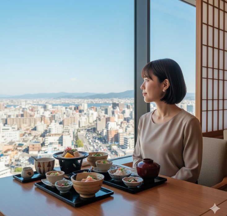 京急百貨店の上層階にあるレストランの窓際席から、上大岡の街並みを一望できる風景。遠くまで広がる景色が開放感を与える。