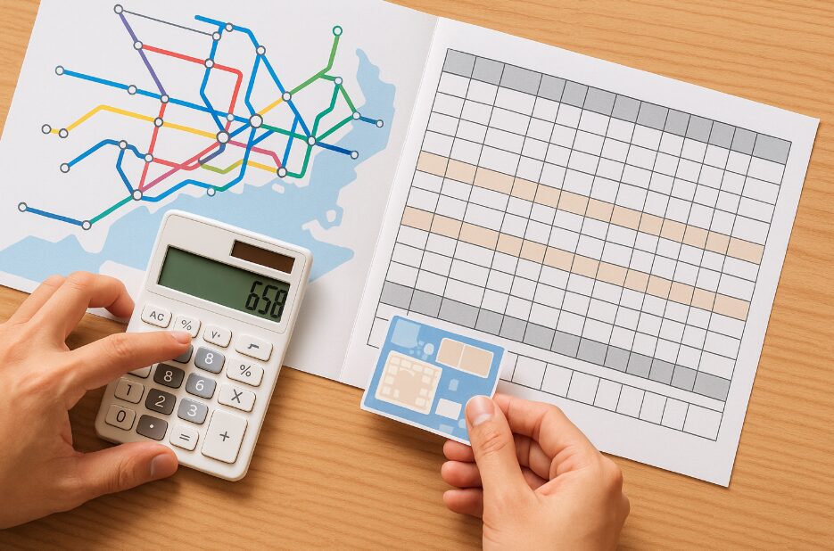 京急線の路線図と運賃表を広げ、電卓を使って「横浜・八景島シーパラきっぷ」がいかに安いかを計算している日本人