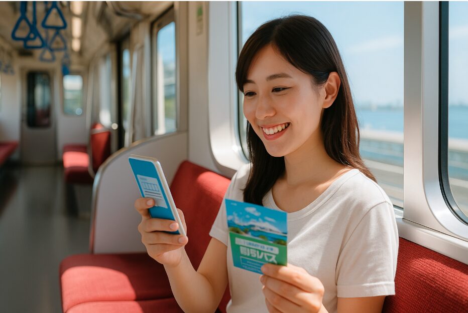 京急線の電車内でスマホを見ながら「横浜・八景島シーパラきっぷ」の情報を確認し、期待に胸を膨らませる若い日本人女性