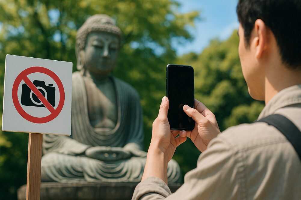 仏像の近くに立てられた「撮影禁止」の注意書きと、それを無視してスマートフォンで撮影しようとする観光客の手。