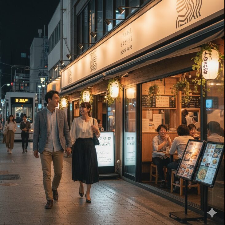 仕事帰りやデートに利用できる、お洒落で雰囲気の良い二俣川駅周辺の夜の居酒屋・ディナーエリアの様子。