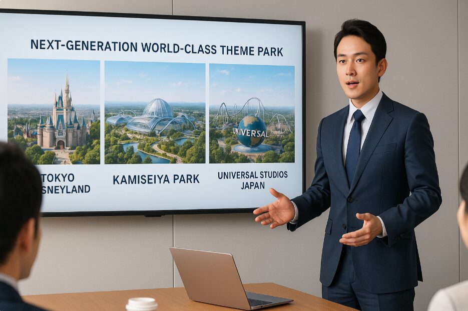 会議室の奥からの中距離ショット。中央で日本人男女のビジネスパーソンが握手。。