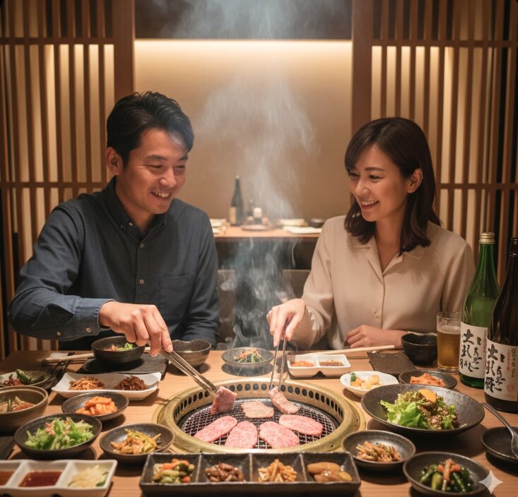 個室でゆっくりと焼肉ランチを楽しむカップル。煙が立ち上る網の上で肉が焼かれ、リラックスした雰囲気が伝わる。