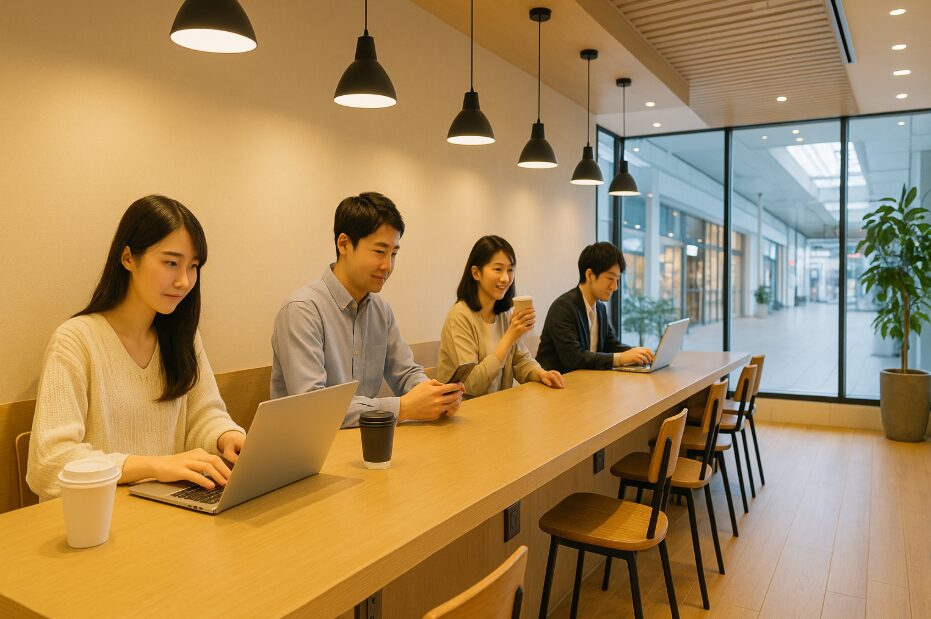 免許センターの待ち時間などに活用できる、カウンター席に電源が完備された二俣川駅ビル内のカフェ。