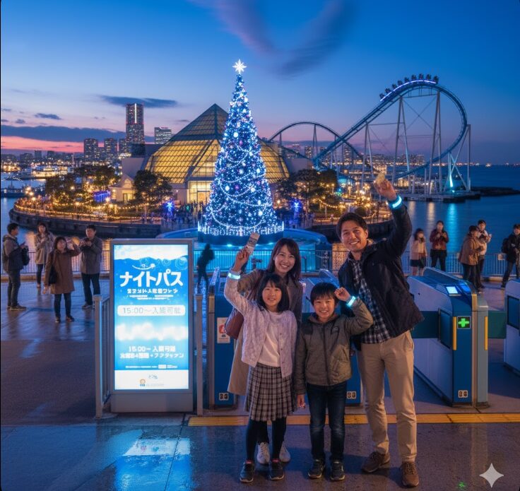 八景島シーパラダイスでナイトパスを利用して楽しむ家族連れの様子。