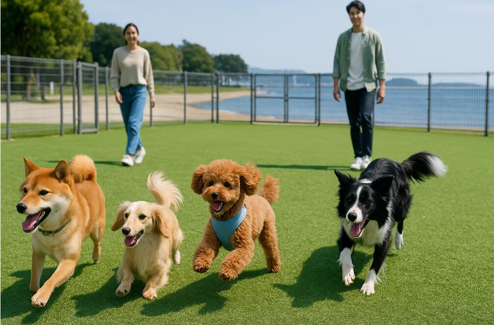 八景島シーパラダイスに隣接する「海の公園」のドッグランで、元気に走り回る犬たち