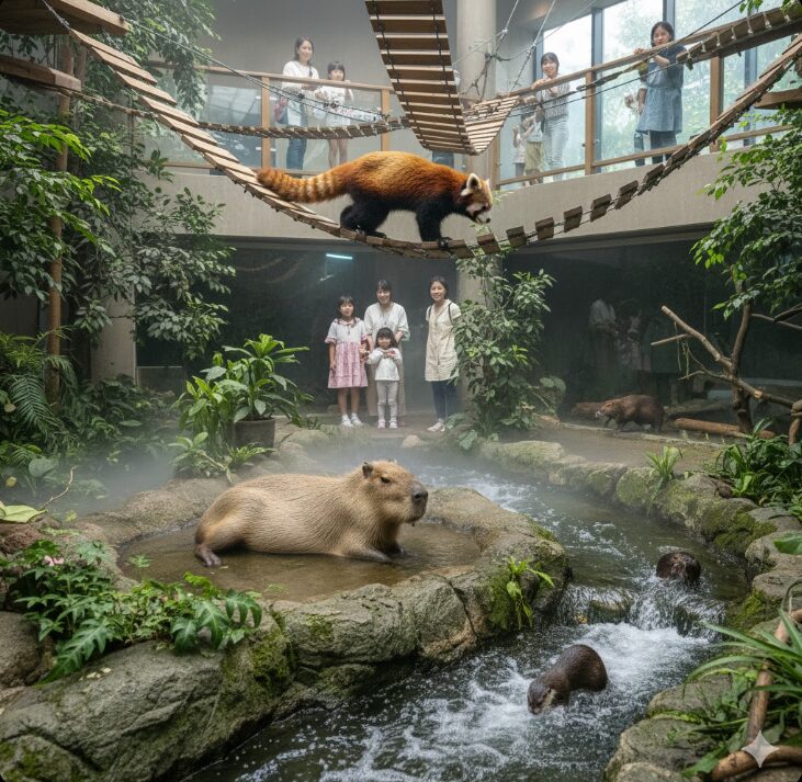 八景島シーパラダイスのアクアミュージアム内フォレストリウムで、レッサーパンダが吊り橋を渡り、カピバラやコツメカワウソが自然な環境で過ごす様子を見学する来場者たち