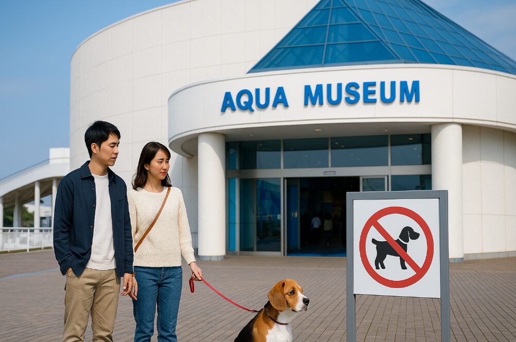 八景島シーパラダイスのアクアミュージアム（水族館）の前景。犬連れは施設内に入れないことを示唆している。