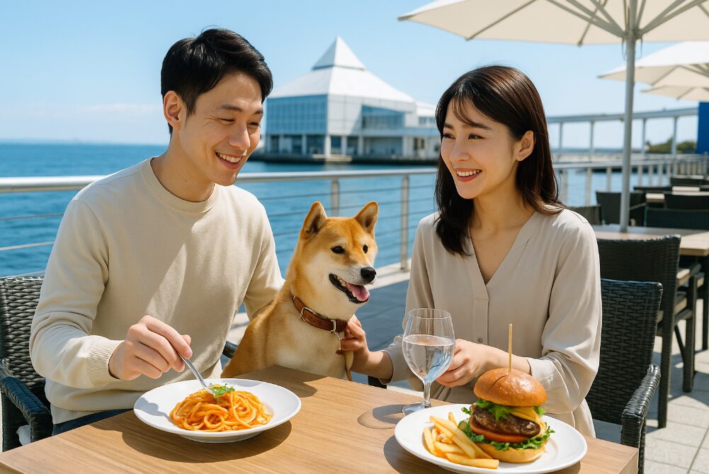八景島シーパラダイスの海の見えるテラス席で、犬と一緒におしゃれなランチを楽しむ日本人カップル