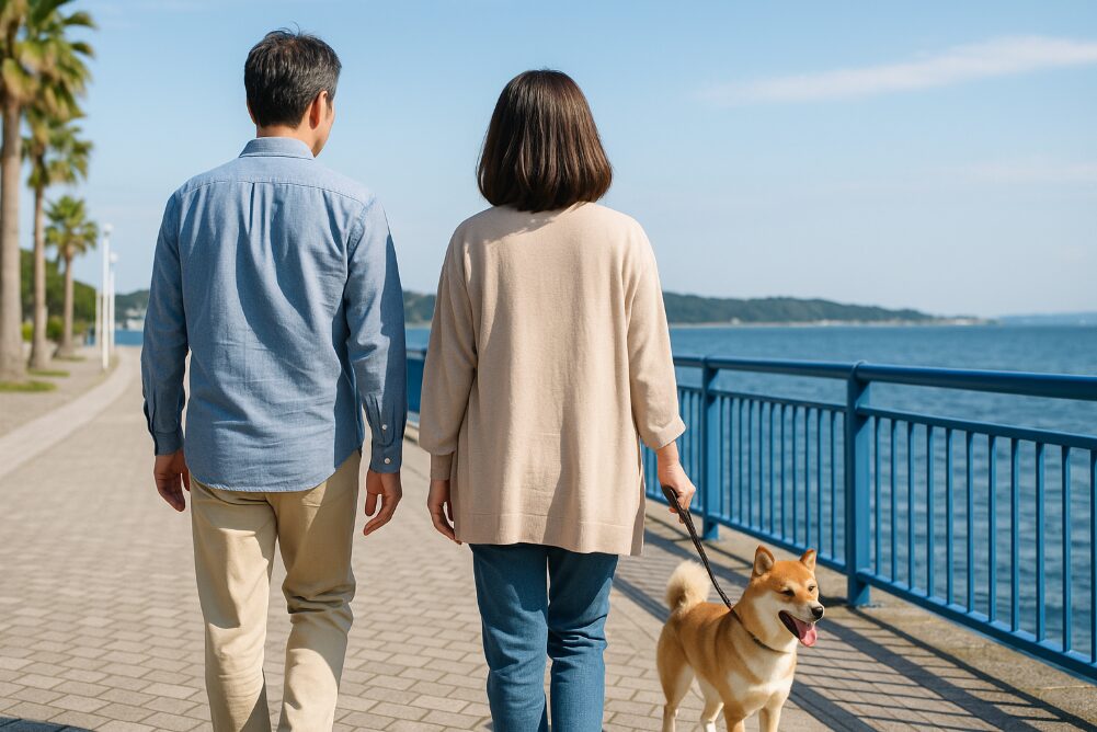 八景島シーパラダイスの海沿いの遊歩道を、犬と一緒に散歩しリラックスする日本人夫婦の後ろ姿
