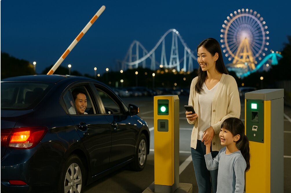 八景島シーパラダイスの駐車場で、夜遅くに出庫しようとして困っている家族の様子。