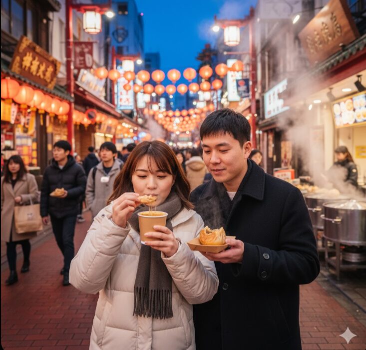 冬の横浜中華街で、温かいフカヒレスープと肉まんを手に食べ歩きを楽しむ日本人カップル。