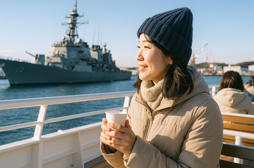 冬の横須賀軍港めぐりで防寒着を着用し、暖かい飲み物を片手にクルーズを楽しむ日本人女性。