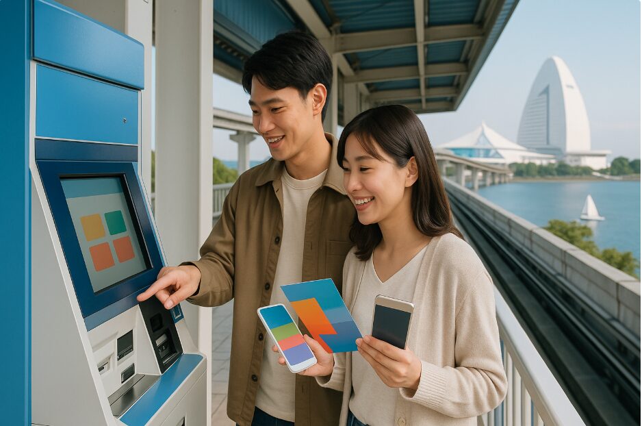 券売機の前に立つ日本人の親子または若い夫婦