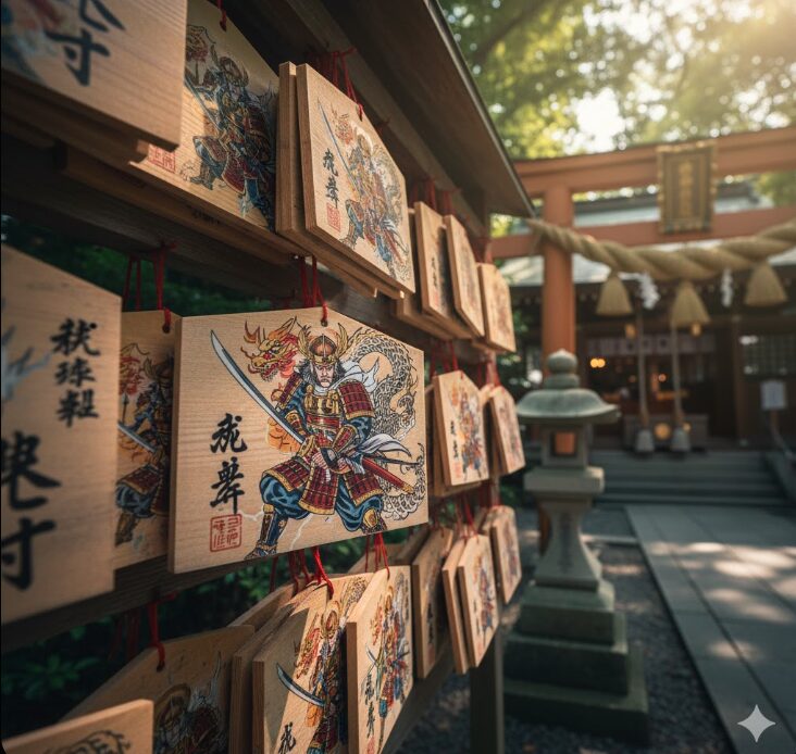 勝負運と武運長久の神であるタケミカヅチノミコトへの祈りを込めた、力強いデザインの絵馬が奉納されている様子