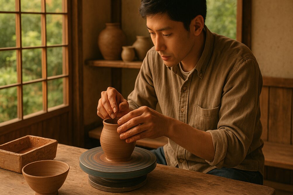 鎌倉の古民家アトリエで手びねりの陶芸体験をする男性の手元。感性を磨く没入的な体験の様子。