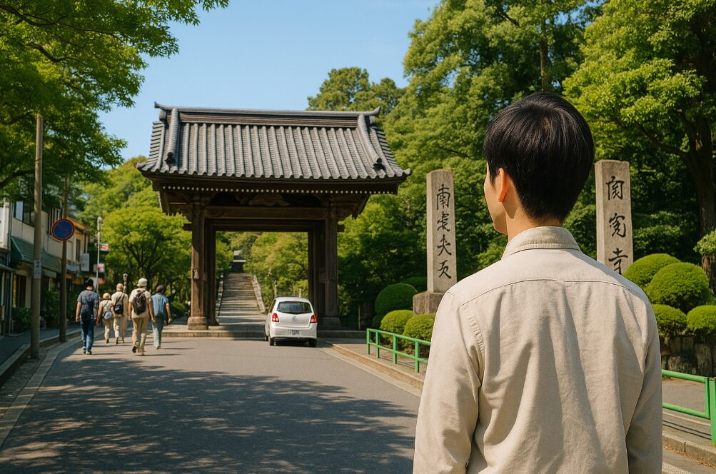 北鎌倉駅前を出発点とし、円覚寺の入り口を望む観光客。鎌倉五山巡りルートの地理的記憶を助ける風景。