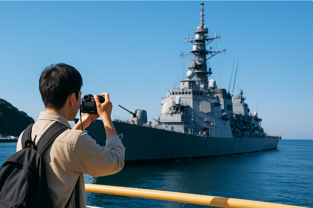 午前中の光線の下、横須賀軍港に停泊する海上自衛隊の護衛艦を撮影する日本人観光客。
