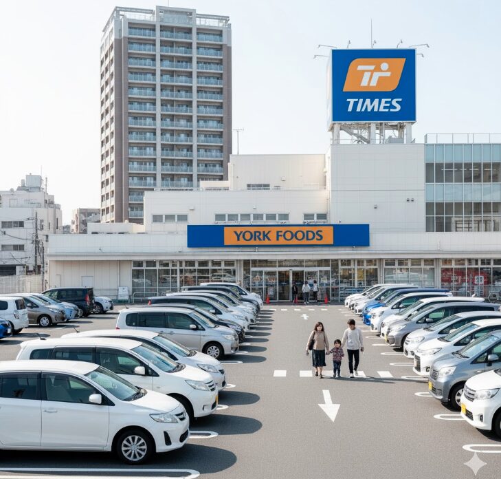 参拝前に安心して車を停められる、収容台数の多い大型商業施設（ヨークフーズ上大岡店など）の提携駐車場（タイムズ）の広々とした様子。