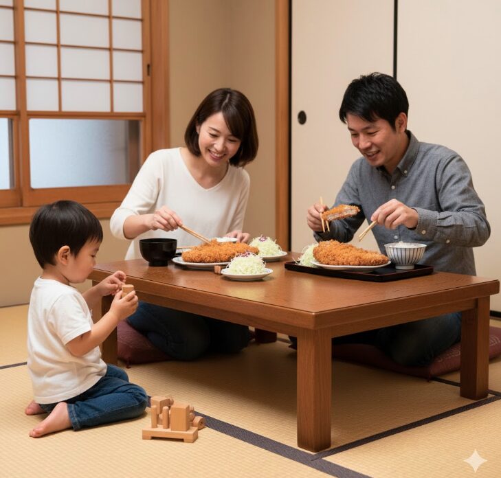 和風の座敷個室で子供が畳の上で遊びながら家族がとんかつランチを楽しむ様子。親は安心して食事をしている。