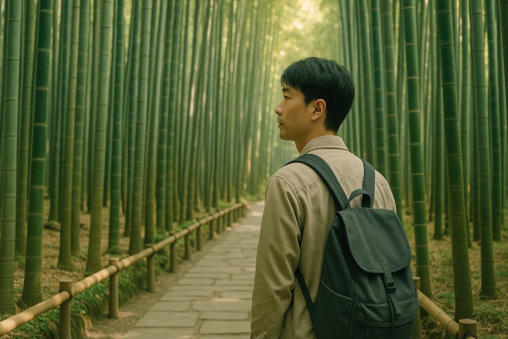 報国寺の静寂な竹林を一人で静かに散策する日本人。混雑時を避けた早朝の参拝の推奨を表現。