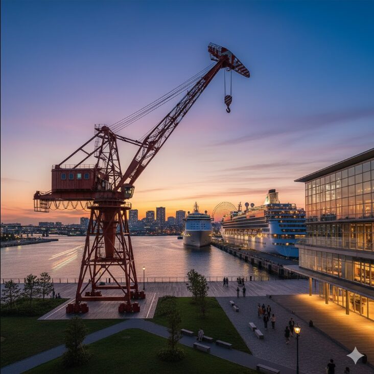 夕暮れの横浜ハンマーヘッドと巨大なクレーン。背後にはみなとみらいのビル群と豪華客船が停泊している。