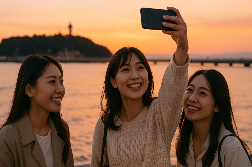 夕暮れの江ノ島を背景に、笑顔で自撮りをする20代から30代の日本人女性二人と、その様子を見守る友人