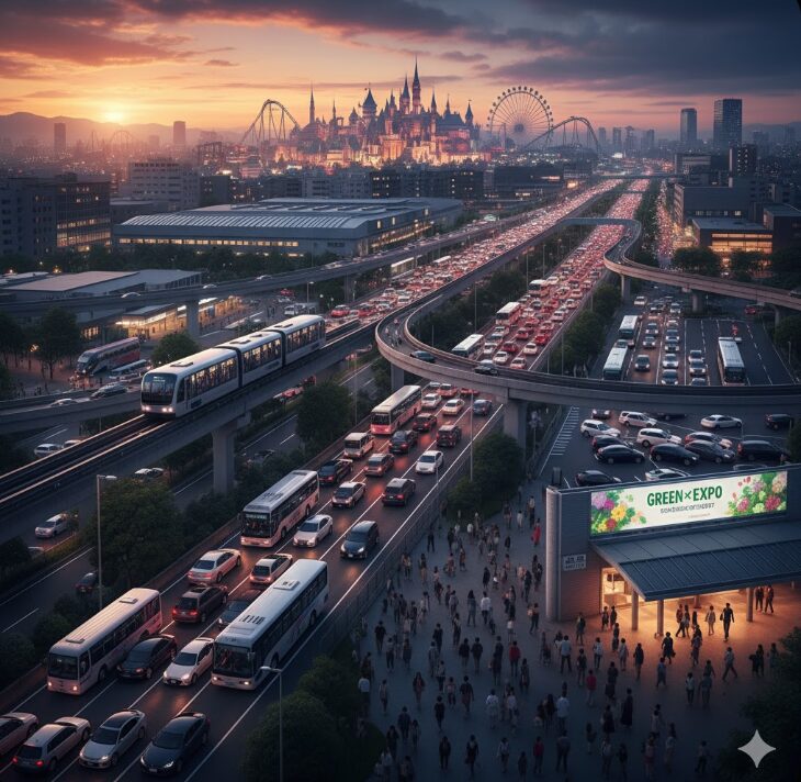 夕暮れ時、高速道路と新交通システム（LRT）が複雑に交差する上瀬谷エリアの交通網。