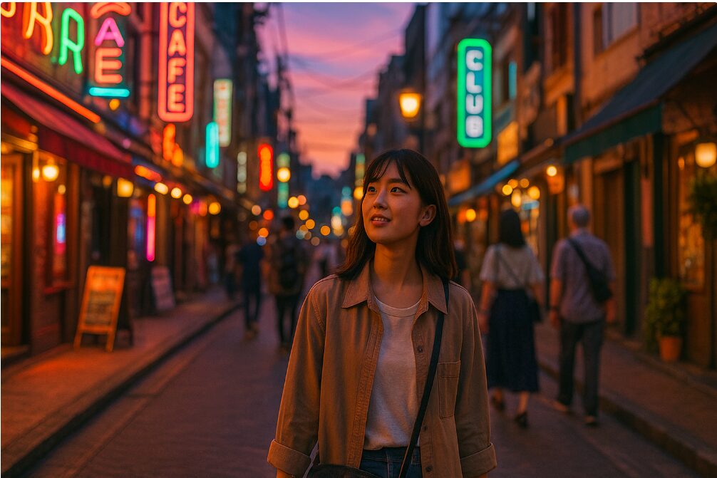 夕暮れ時にネオンが灯り始めた横須賀ドブ板通り。異国情緒あふれる夜の街を歩く日本人観光客。