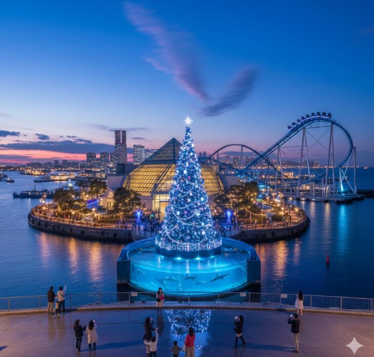 夕暮れ時にライトアップされた八景島シーパラダイスの全景。巨大なクリスマスツリーと水族館、ジェットコースターが輝き、来園者が美しい夜景を楽しんでいる。