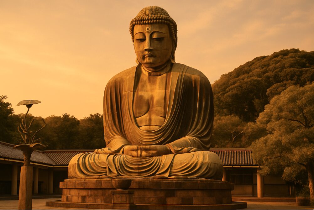 夕暮れ時に黄金色に輝く鎌倉大仏の荘厳な姿。混雑を避けた静かな時間の美しさを表現
