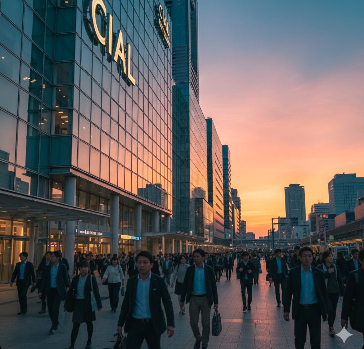 夕暮れ時のCIAL横浜の入り口と行き交う人々。現代的な駅ビルの外観が特徴