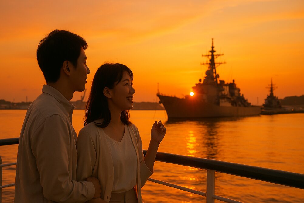 夕暮れ時の横須賀軍港でサンセットクルーズを楽しむ日本のカップル。