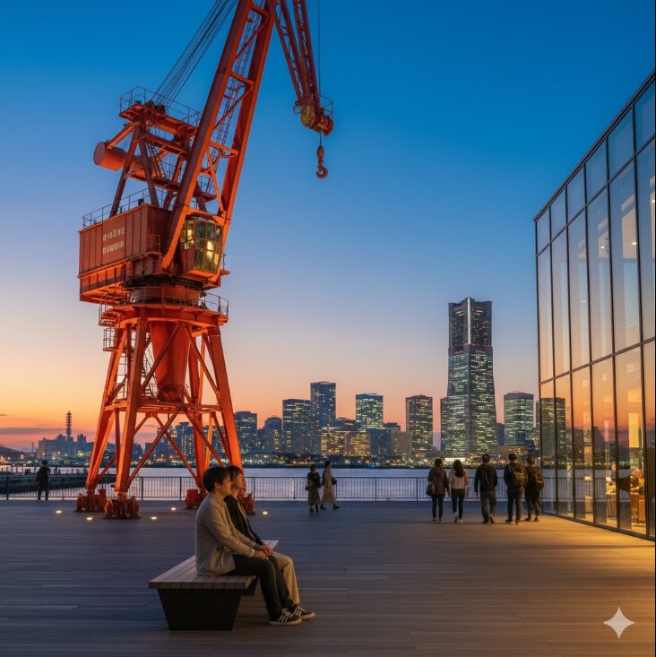 夕焼け空の下、横浜ハンマーヘッドパークで休憩する人々。歴史的なクレーンとみなとみらいのビル群が対照的。