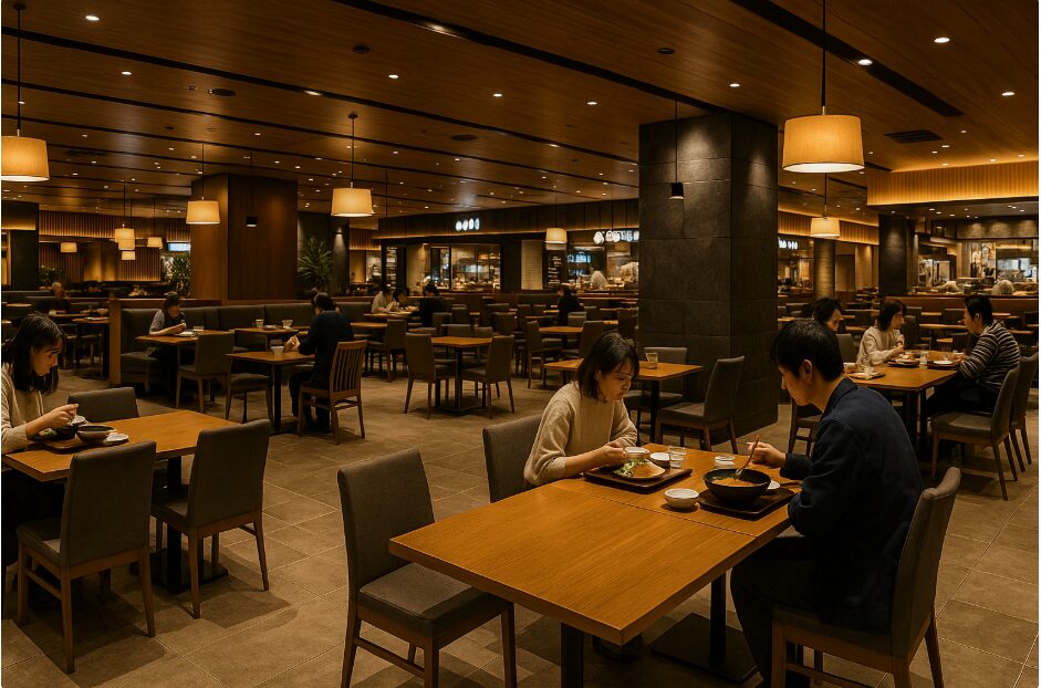 多彩なジャンルの飲食店が並び、家族連れやカップルが思い思いに食事を楽しむららぽーと横浜のダイニングエリアの様子