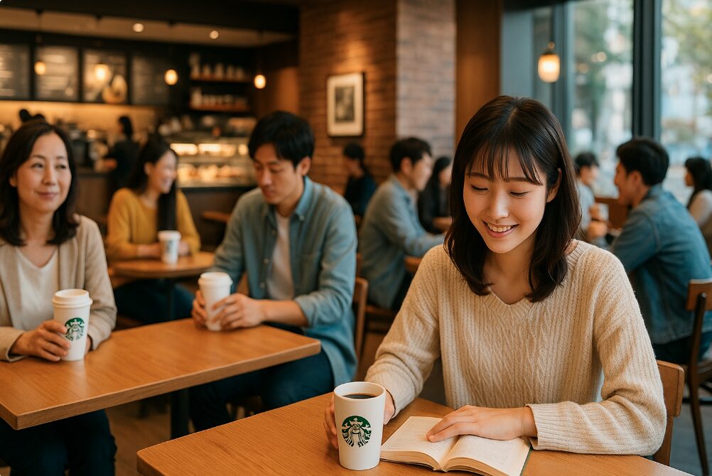 和シリウス1階のスターバックスコーヒーで、日本人の利用者がコーヒーを飲みながら本を読んだり、リラックスして過ごしている様子。