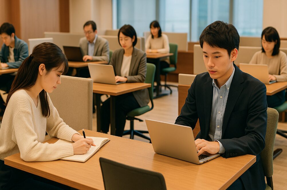 大和シリウス2階の有料市民交流ラウンジで、日本人のビジネスパーソンや学生が各自のスペースで集中してPC作業や勉強をしている様子。