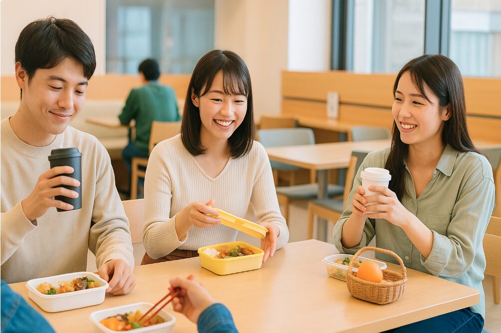 大和シリウス6階の市民交流スペース「ぷらっと大和」で、日本人の利用者がお弁当を広げたり、コーヒーを飲みながら休憩している様子。