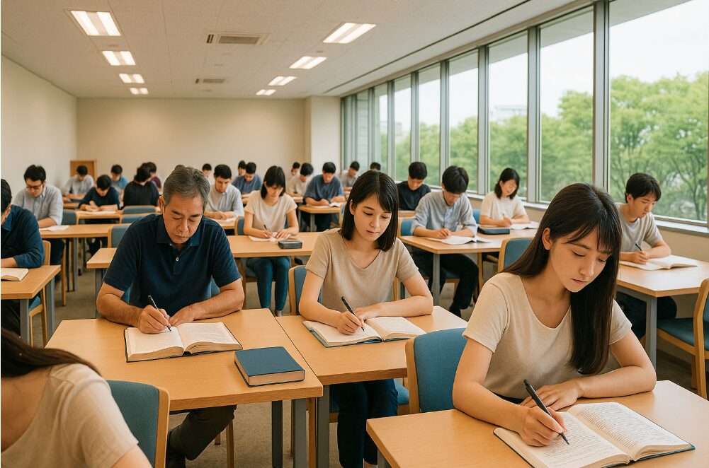 和シリウス6階の生涯学習センターにある講習室が学習室として開放されており、日本人の学生や社会人が真剣に勉強している様子。