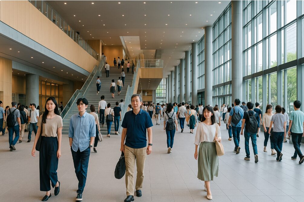 大和シリウスの広々としたエントランスホール。近代的なデザインで、多くの人が行き交い、活気にあふれている様子。