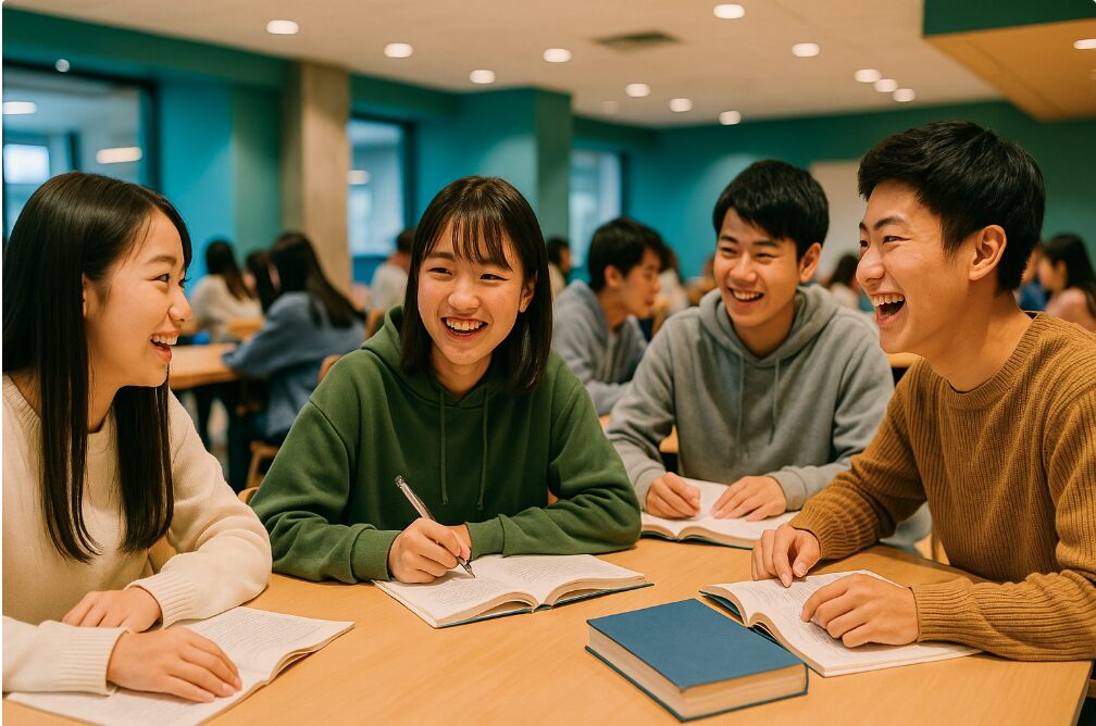 大和シリウス地下2階のティーンズスタジオで、日本人の学生たちがグループで楽しそうに勉強したり、談笑したりしている賑やかな雰囲気。
