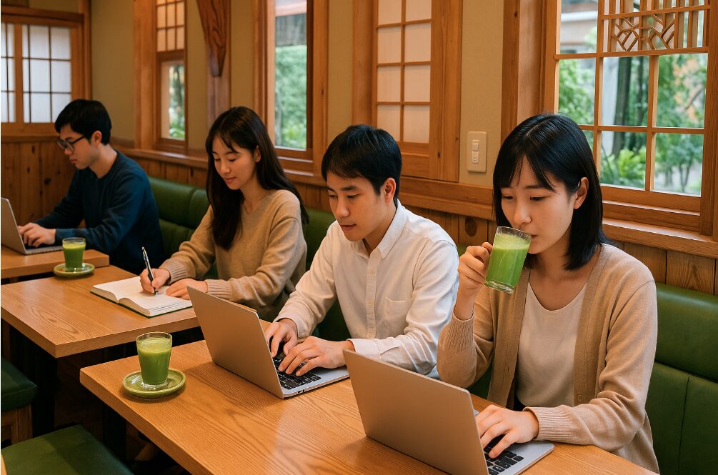 大和駅前のコメダ和喫茶おかげ庵で、日本人の利用者が抹茶ドリンクを飲みながら、電源のある席でPC作業や勉強をしている様子。