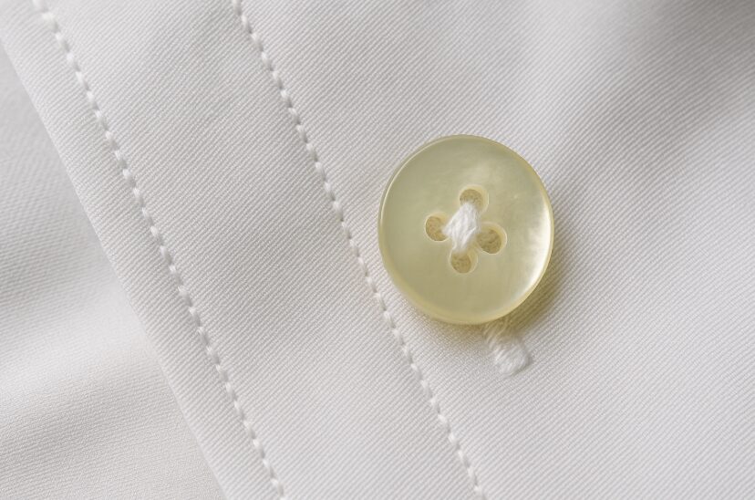 天然の貝ボタンと、高級シャツの証である緻密な縫製（運針）のディテールを示すクローズアップ写真。