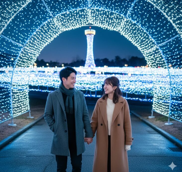 完璧な準備をして江ノ島イルミネーションデートを楽しむ日本人カップルのロマンチックな夜の散歩。