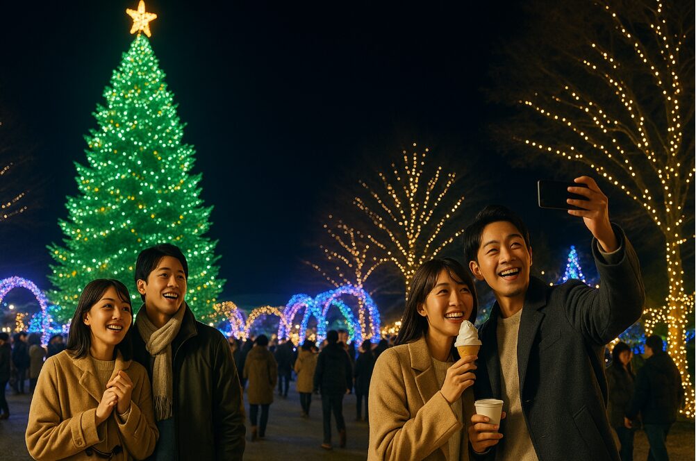 宮ヶ瀬クリスマスみんなのつどいで、ライトアップされた高さ30メートルを超えるモミの木と、幻想的なイルミネーションの下で楽しむ人々。