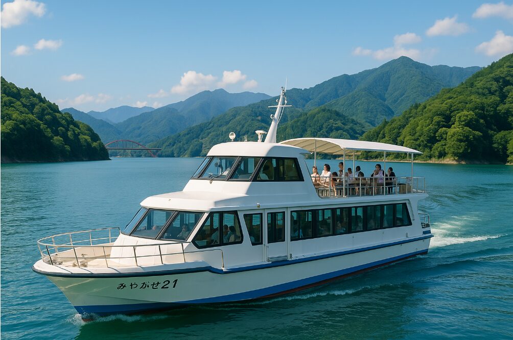 宮ヶ瀬湖で、湖上からの景色を楽しみながら移動する遊覧船「みやがせ21」。