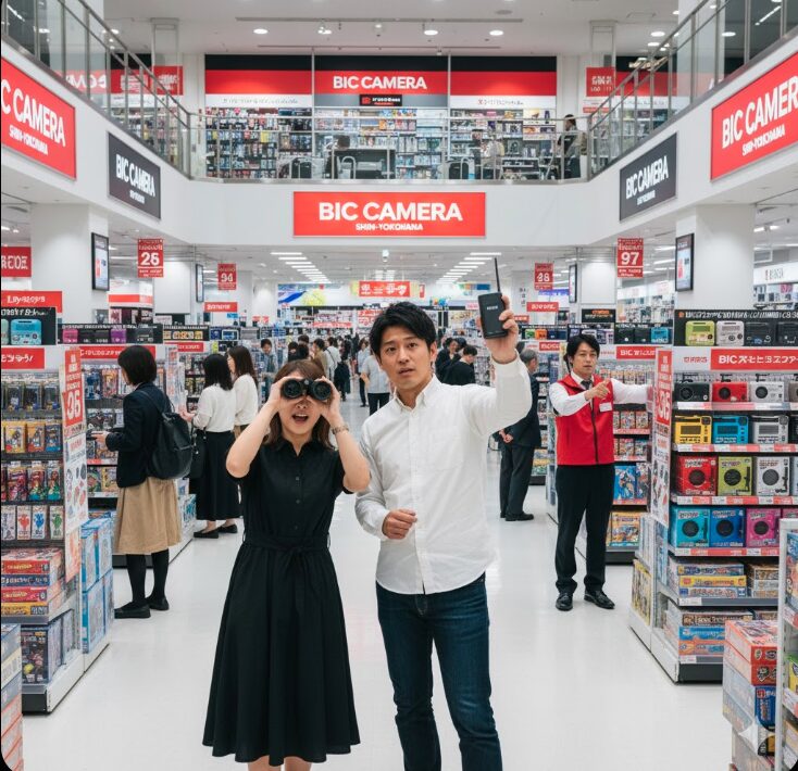 家電量販店「ビックカメラ」の店内。イベント参加者が双眼鏡やモバイルバッテリーを探している。