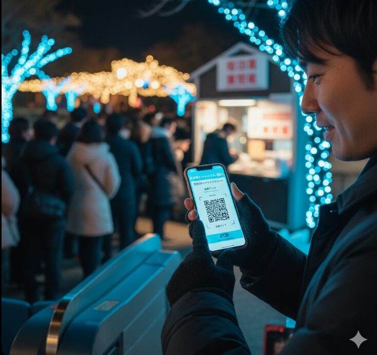 寒い中並ばずに済む、スマホ画面に表示された江ノ島イルミネーションのデジタルチケット