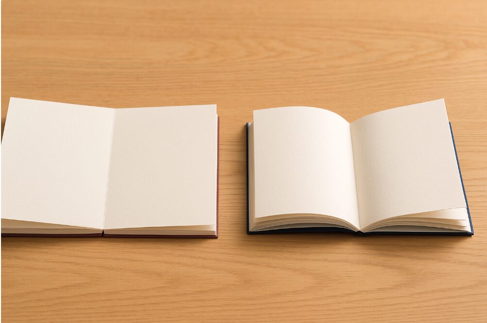 平らに開いた蛇腹式御朱印帳と、中央が盛り上がった和綴じ式御朱印帳の比較。書きやすさの違いを示す