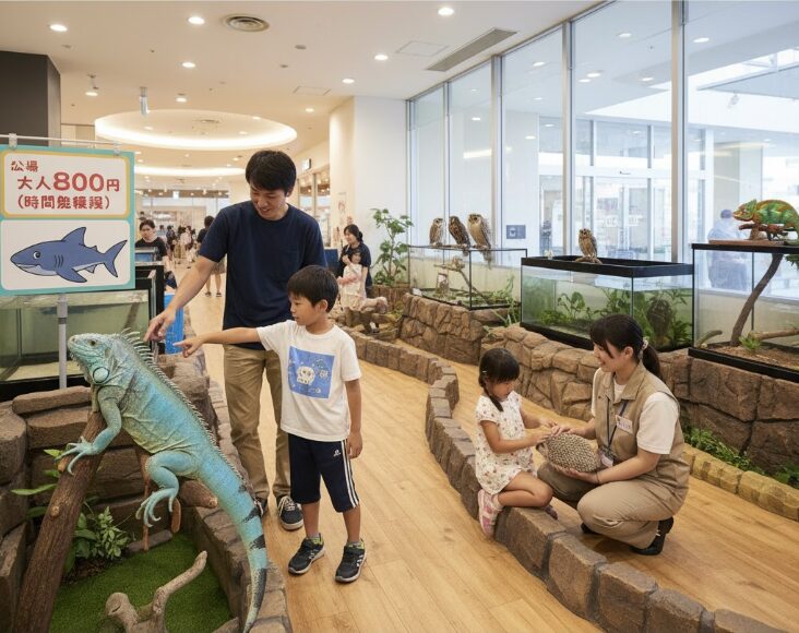 平塚のOSC湘南シティ内にある「いきもの探検隊」で、子供たちが大きなイグアナやハリネズミと触れ合う様子。大人800円の料金表示も見え、フクロウや爬虫類の展示が続く。